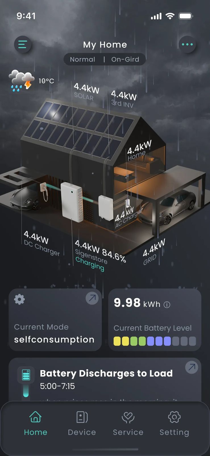 Sigenergy app showing My Home as a 3D model with live solar, SigenStor battery, home, EV chargers and grid, plus the current mode and battery level.