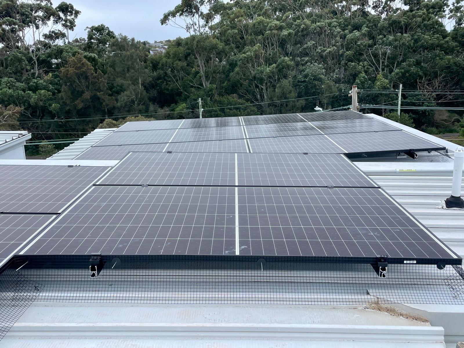 Solar array on a metal roof with bird-proofing mesh around the panel edge.